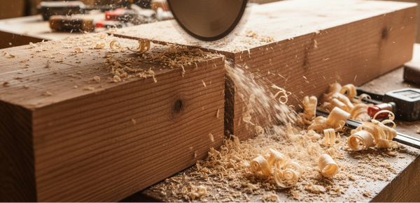 een close up van een zaag die een douglas balk afkort
