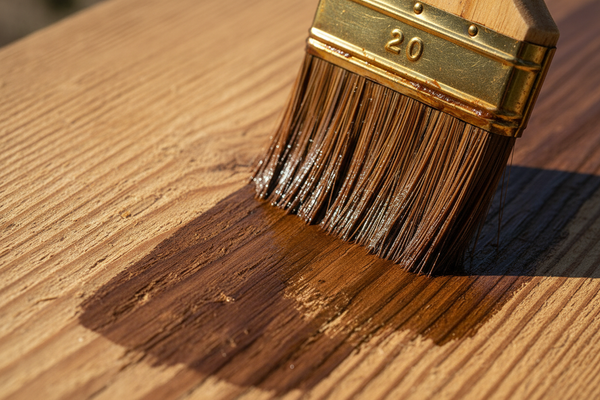 een houten douglasplank die behandeld worden met een kwast met beits